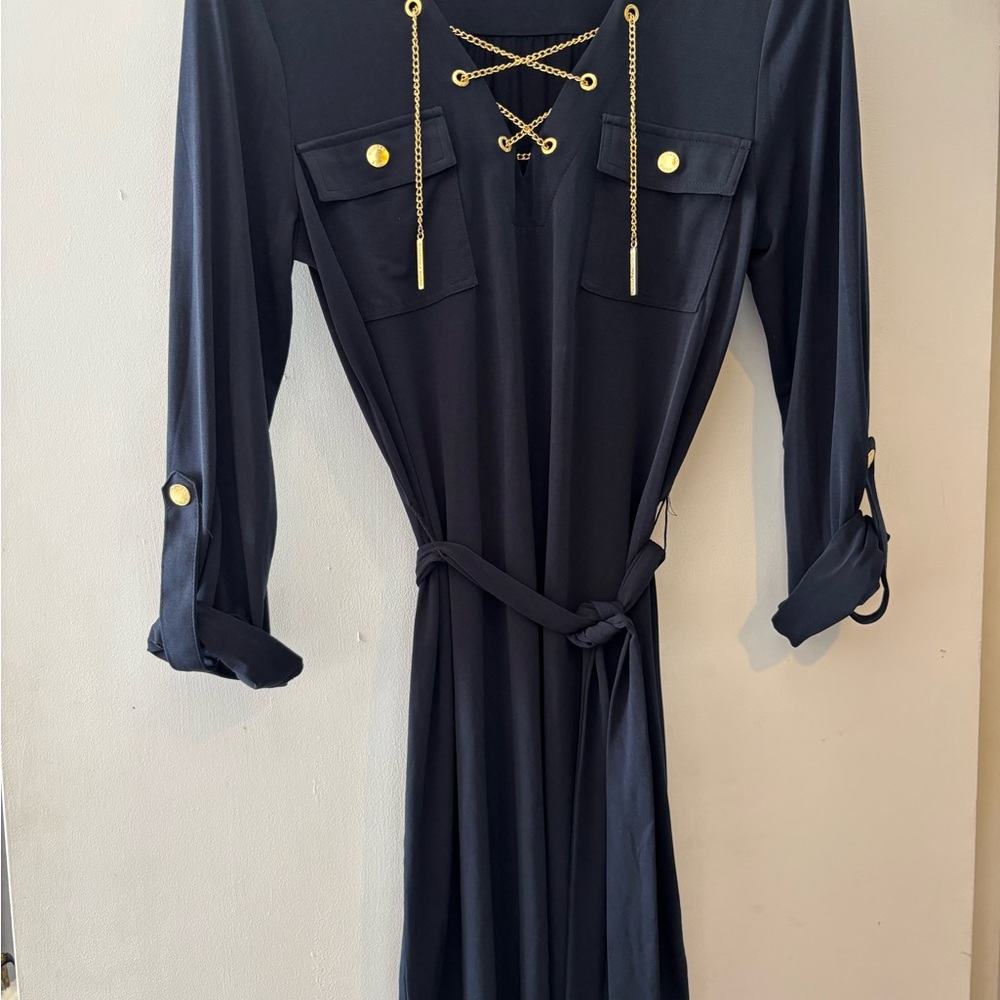 NWOT Michael Kors Elegant Navy Stretch Dress with Gold Accents S